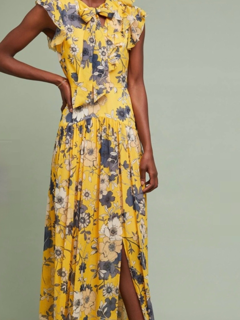 Monique Lhuillier Yellow Floral Bow-Neck Maxi Dress